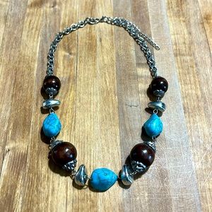 Paparazzi Silver Necklace with Turquoise & Wood Beads 💠 Natural Stones, Boho